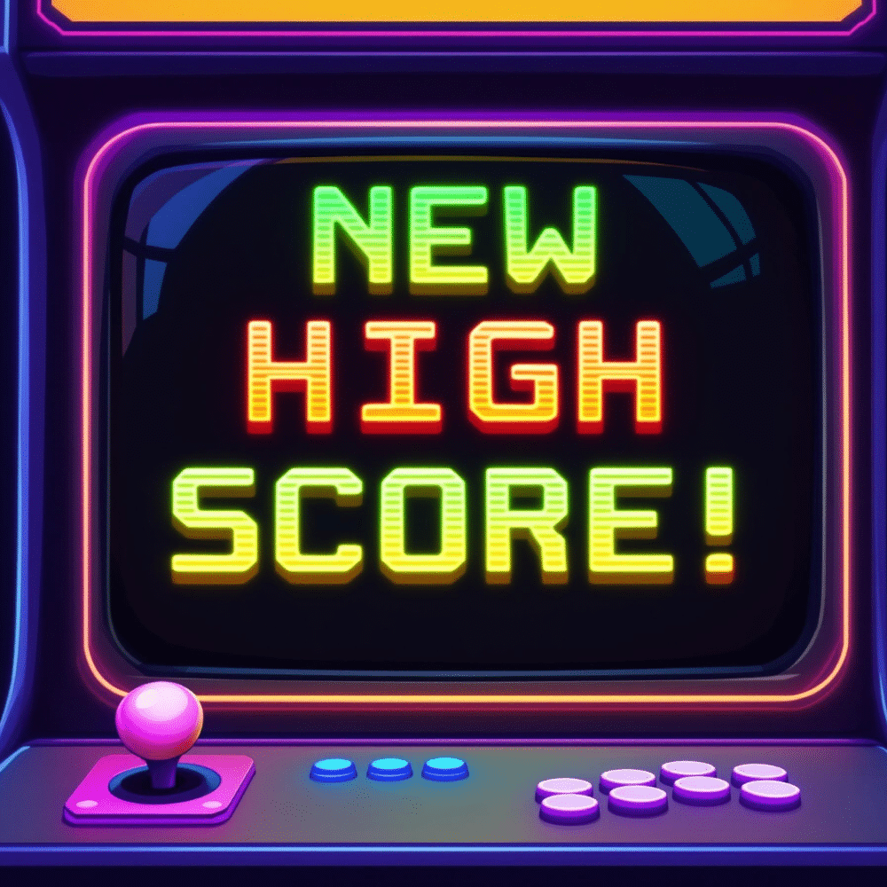 Professional cartoon-style illustration of a retro arcade video game screen displaying the message ‘NEW HIGH SCORE!’ in bold, colorful pixelated letters. The screen features neon borders, a classic joystick, and arcade buttons, evoking nostalgia and the excitement of achieving a new top score.
