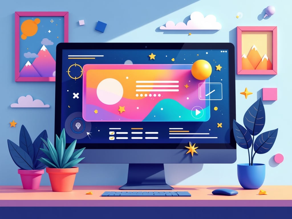 Illustration of modern web design elements for 2025, featuring abstract shapes and vibrant colors to represent emerging design trends and digital innovation.