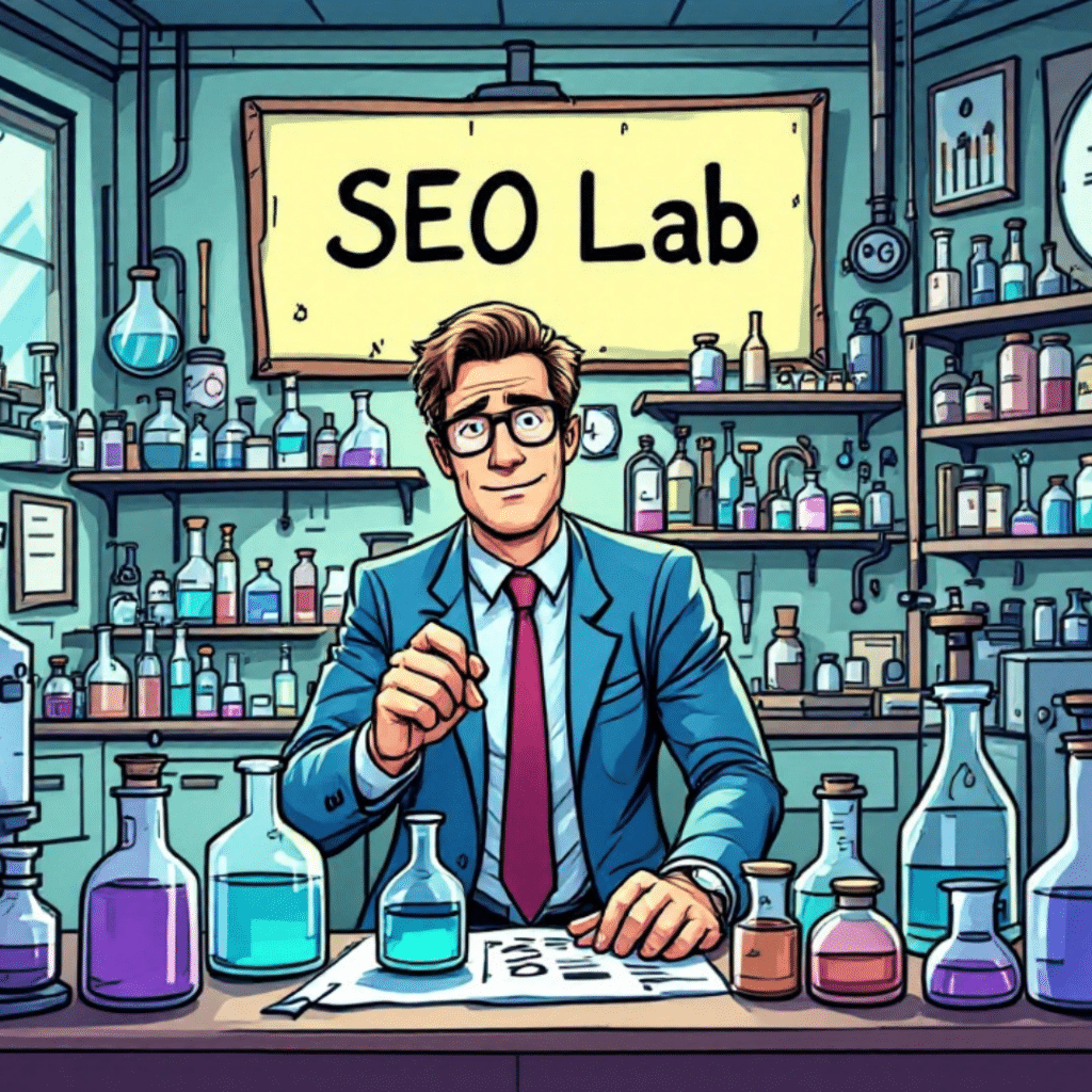 Illustration of a businessman in a laboratory filled with bottles and chemistry equipment, with a sign on the wall that says 'SEO Lab', symbolizing SEO experimentation and innovation.