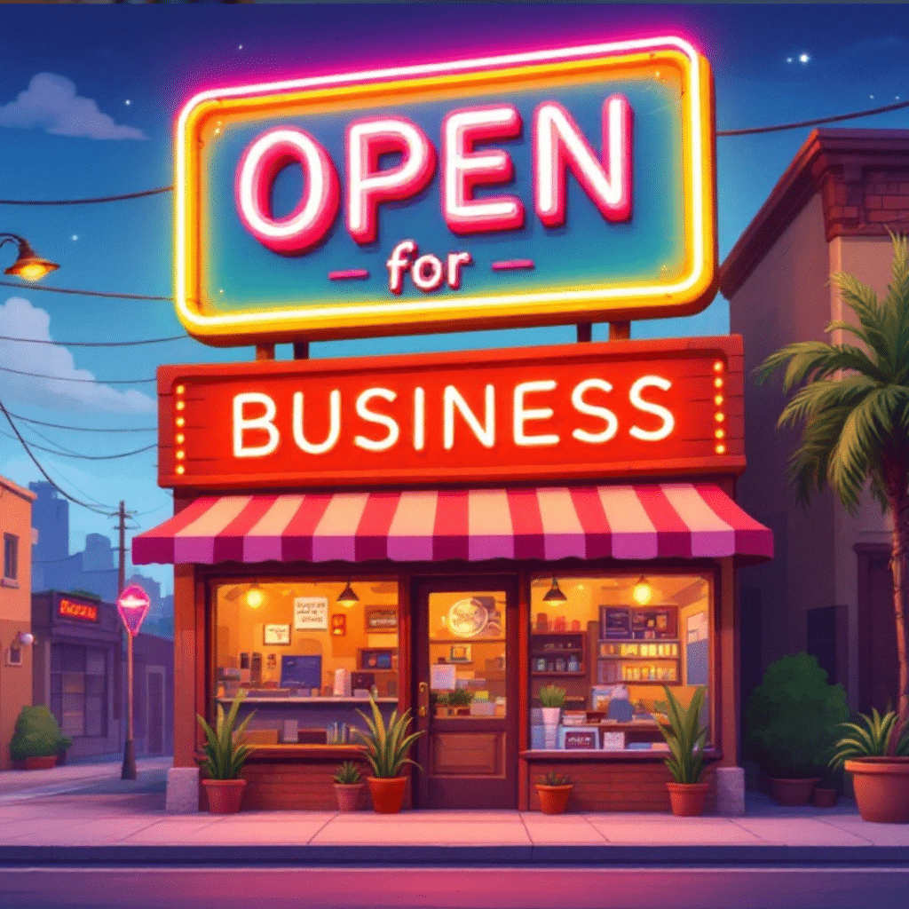 Cartoon illustration of a local business in Niagara with a large neon sign reading 'Open for Business', highlighting a vibrant and dynamic atmosphere. The scene emphasizes the importance of optimizing Google Business Profiles to enhance local visibility and attract customers in 2025.