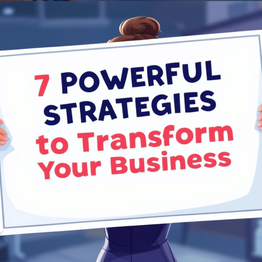 Person holding a sign that reads '7 Powerful Strategies to Transform Your Business'