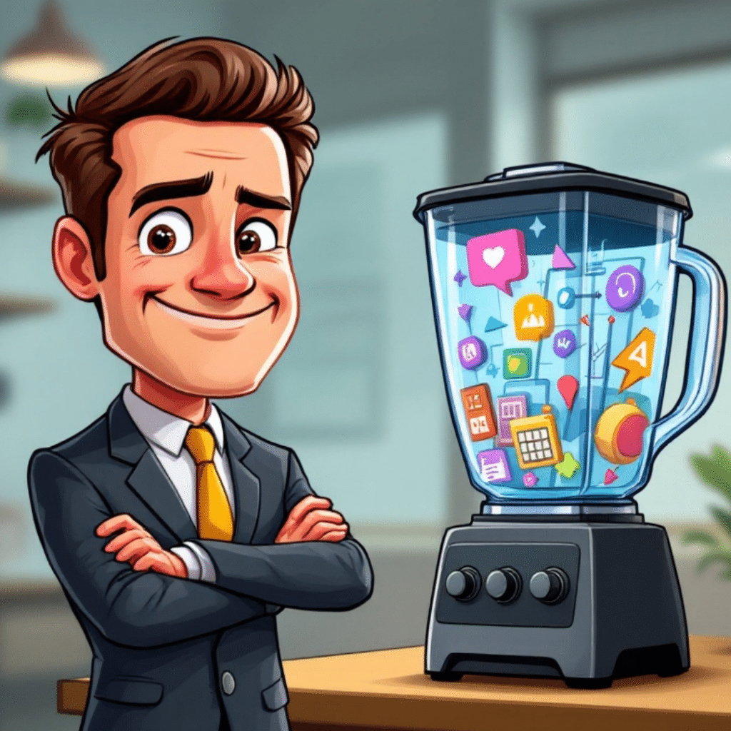 Cartoon of a friendly businessman standing next to a blender filled with digital design elements, winking with a sly smile in an office setting