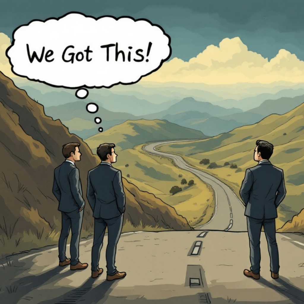 Cartoon of a professional business team looking down a long and winding road with a thought bubble reading 'We Got This!'.