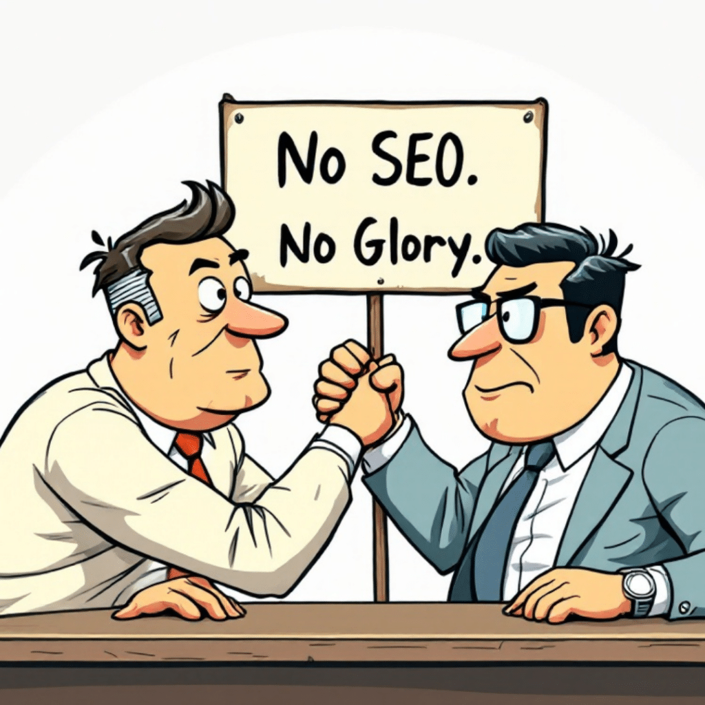 Cartoon of two businessmen arm wrestling with a sign in the background saying 'No SEO. No Glory'.