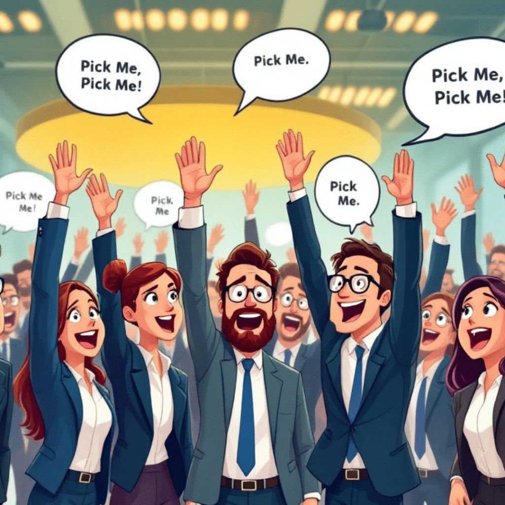 Cartoon crowd of business professionals eagerly raising hands with speech bubbles saying 'Pick Me'.