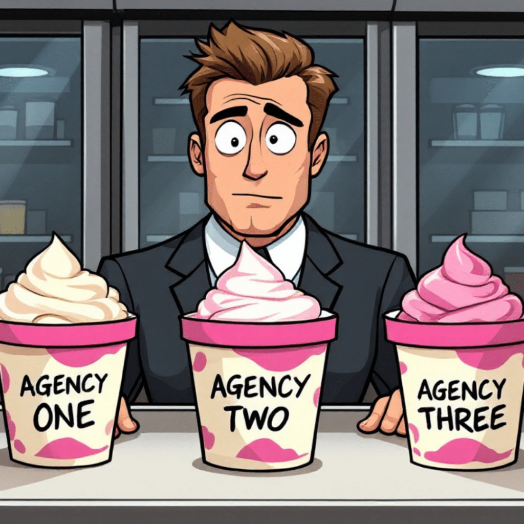 Cartoon character contemplating three ice cream tubs labeled 'Agency One', 'Agency Two', and 'Agency Three'.