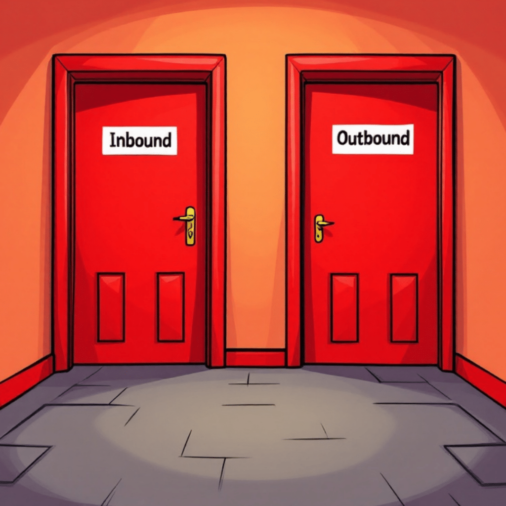 Two red doors labeled 'Inbound' and 'Outbound' in a hallway, symbolizing the choice between inbound and outbound marketing strategies.