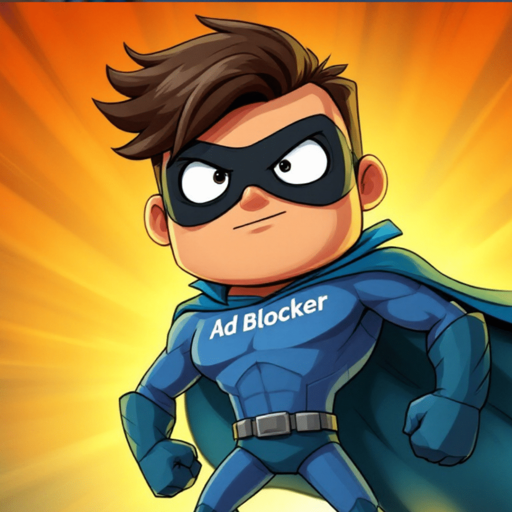 Cartoon superhero character wearing a blue suit labeled 'Ad Blocker' with a determined expression.