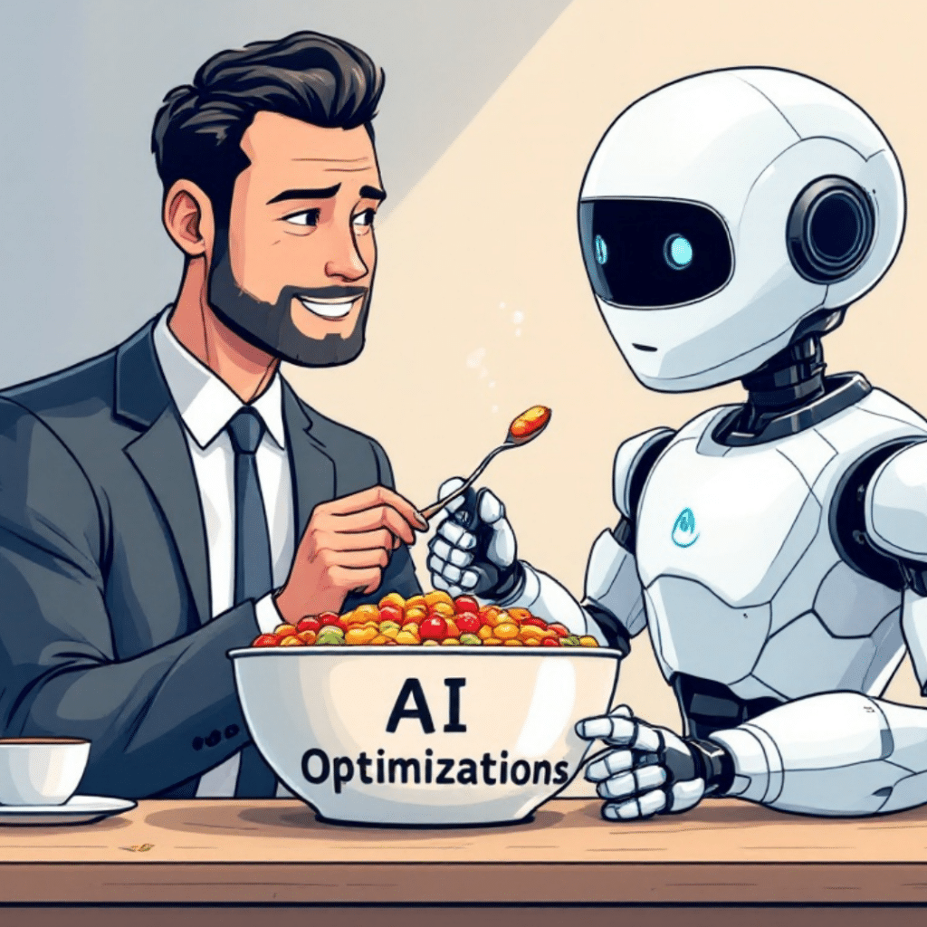 Businessman feeding an AI robot with a spoon from a bowl labeled 'AI Optimizations', symbolizing AI enhancement.