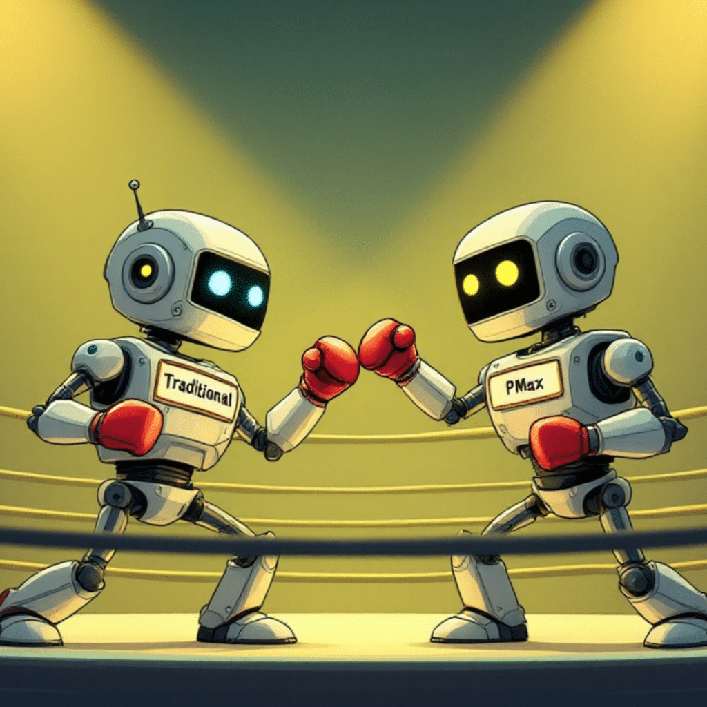 Two robots boxing in a ring, labeled 'Traditional' and 'PMax', symbolizing a comparison of campaign strategies.