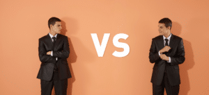 Two businessmen facing each other with 'VS' in between, representing a comparison or competition.