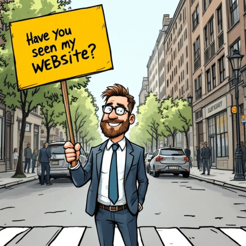 Cartoon of a businessman in the street holding a sign that says 'Have You Seen My Website?' with a cityscape background.