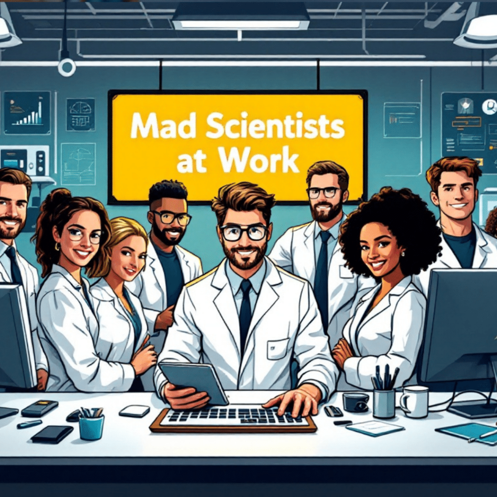 Diverse web design team in a modern lab with tech tools, sign reads 'Mad Scientists at Work', symbolizing innovation.