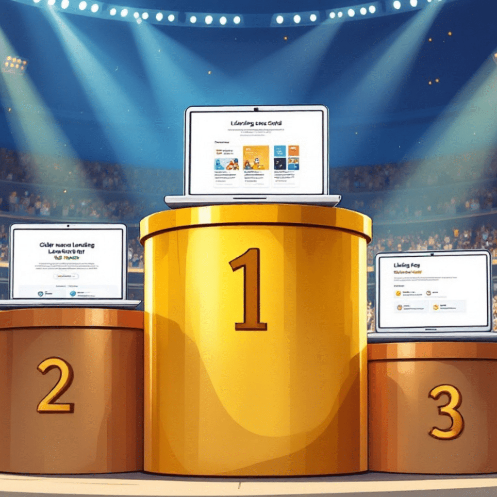 Cartoon illustration of an Olympic podium with three levels: bronze, silver, and gold. Each level features a laptop displaying a landing page, set against a stadium filled with people