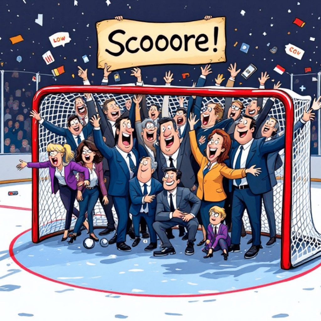 Cartoon of businesspeople celebrating inside an ice hockey net with a sign above saying 'Scoooooore!