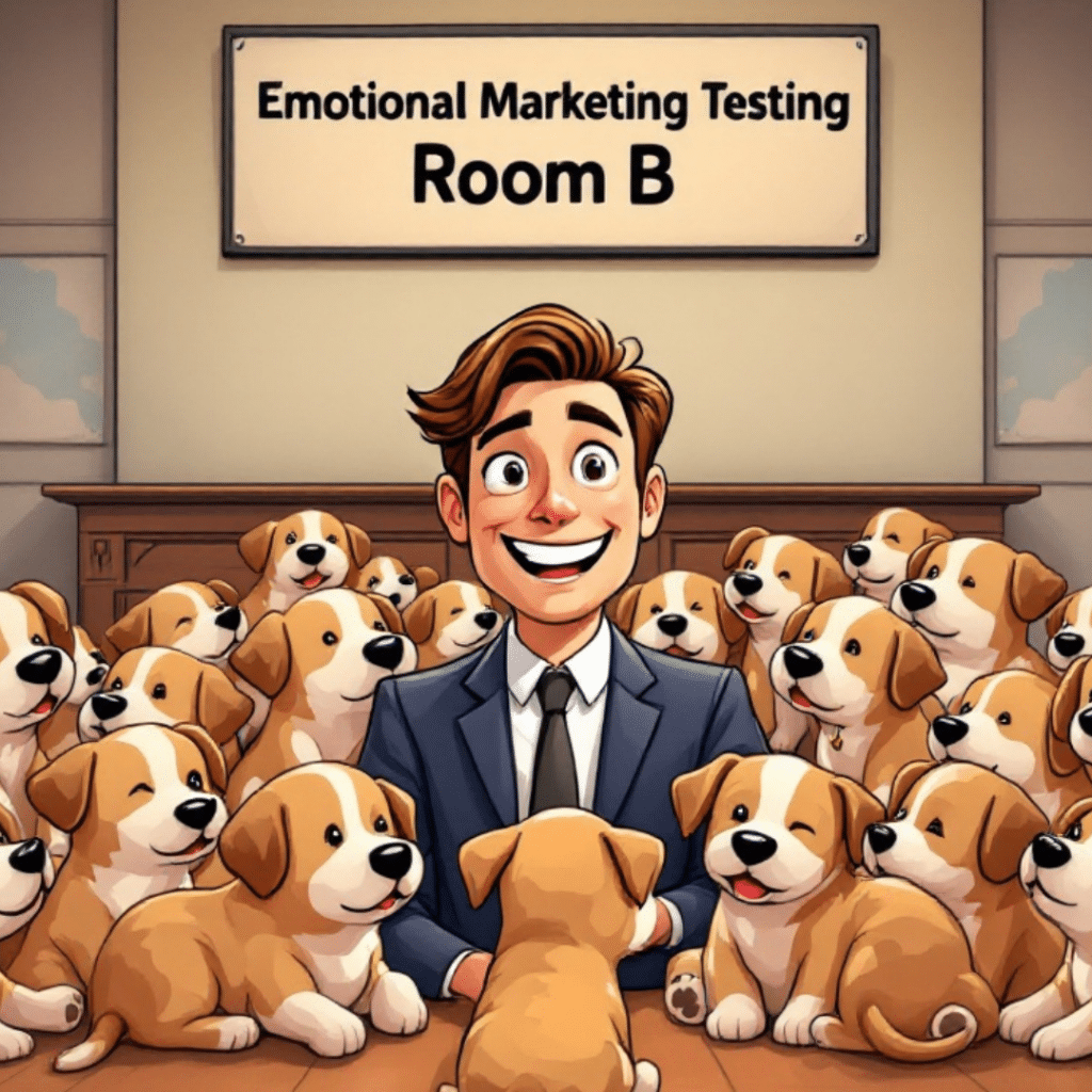 A professional cartoon illustration of a room filled with puppies surrounding a happy customer. Above the customer, a sign reads 'Emotional Marketing Testing Room B'. The scene is joyful and playful, with the customer smiling and interacting with the puppies.