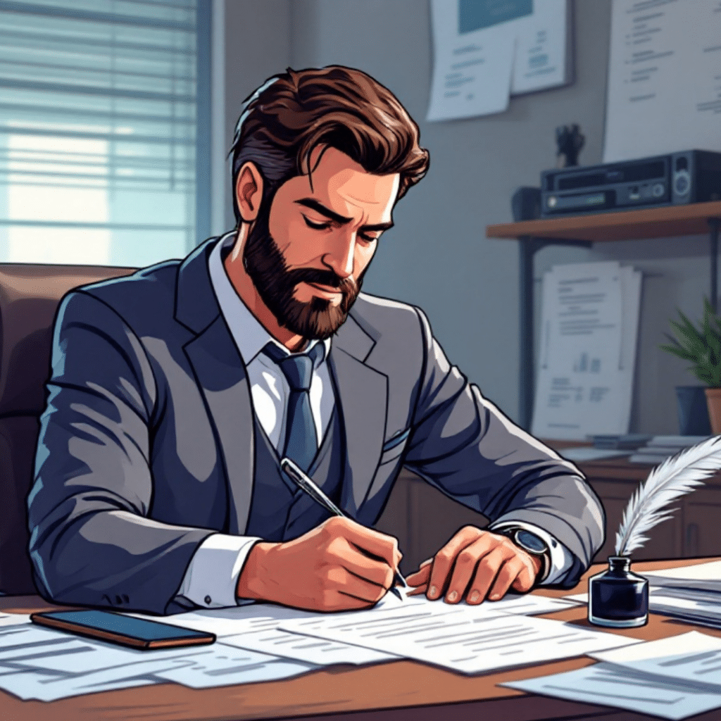 Illustration of a businessman at his desk writing product descriptions with a quill and ink, symbolizing the art of crafting detailed and engaging WooCommerce descriptions.