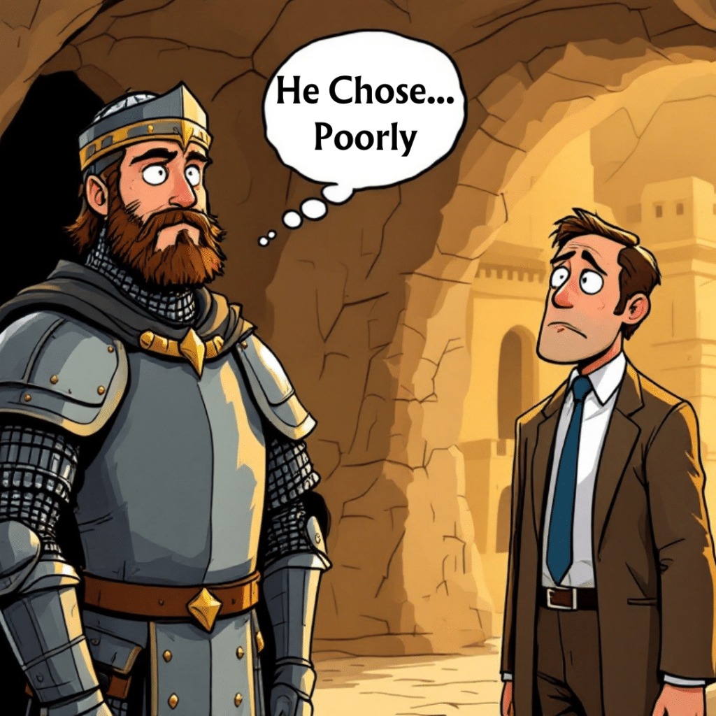 Cartoon of a medieval knight with chainmail and a thoughtful expression, standing beside a disappointed businessman in an ancient Middle Eastern cave. The knight has a thought bubble that reads 'He Chose... Poorly.'