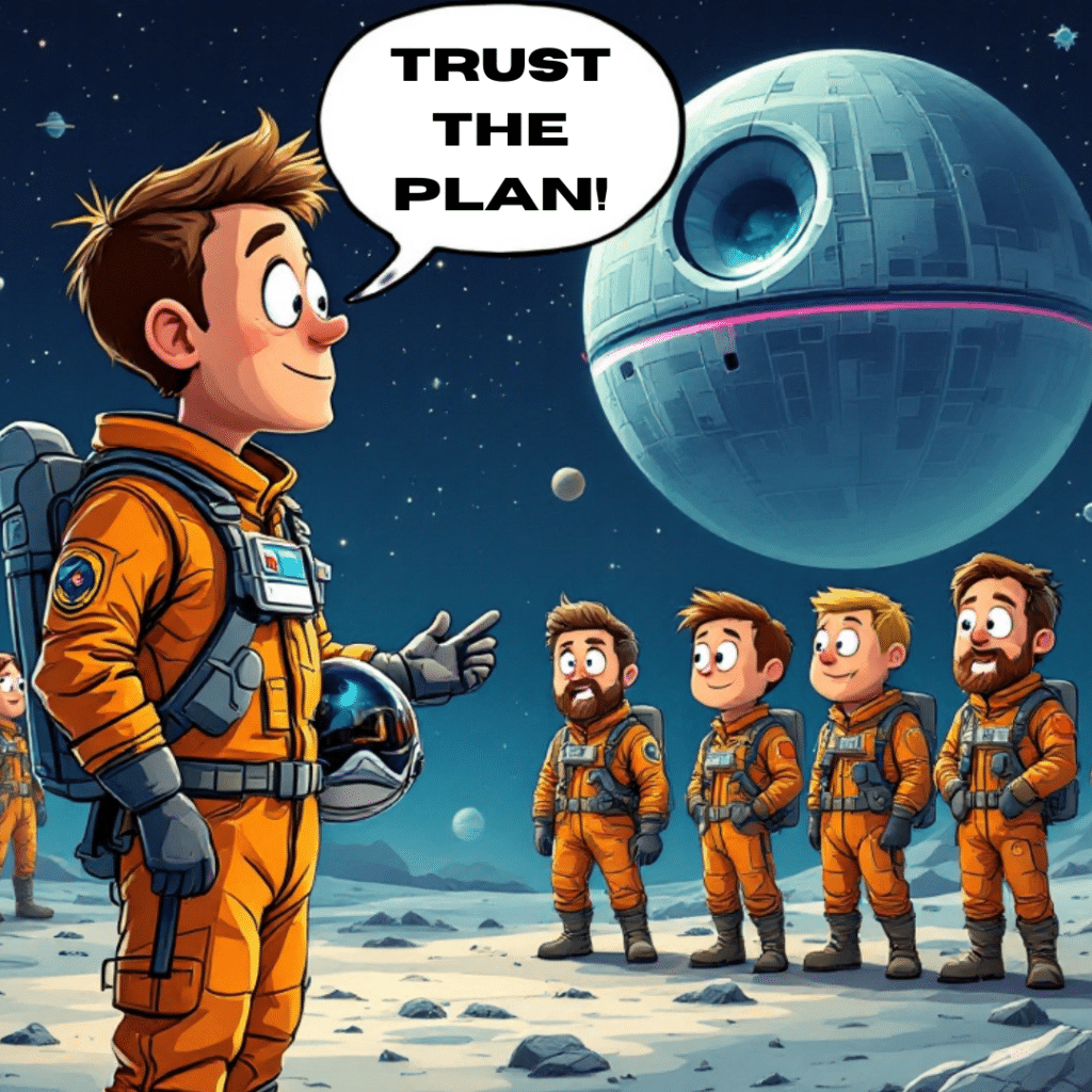 Cartoon astronauts on a moon-like surface, with one saying 'Trust the plan!' in front of a futuristic space station.