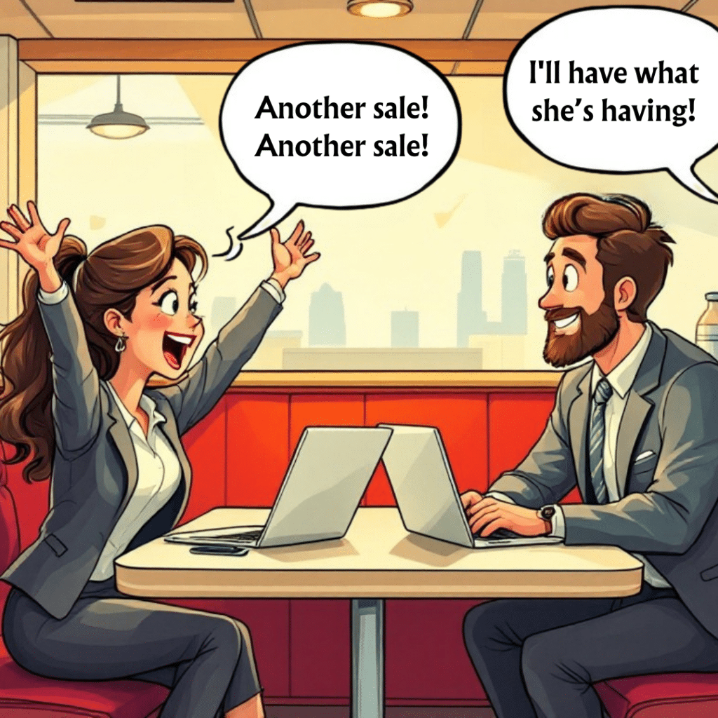 Cartoon of a businesswoman excitedly saying 'Another sale! Another sale!' while a businessman responds with 'I'll have what she's having!' in an office setting.