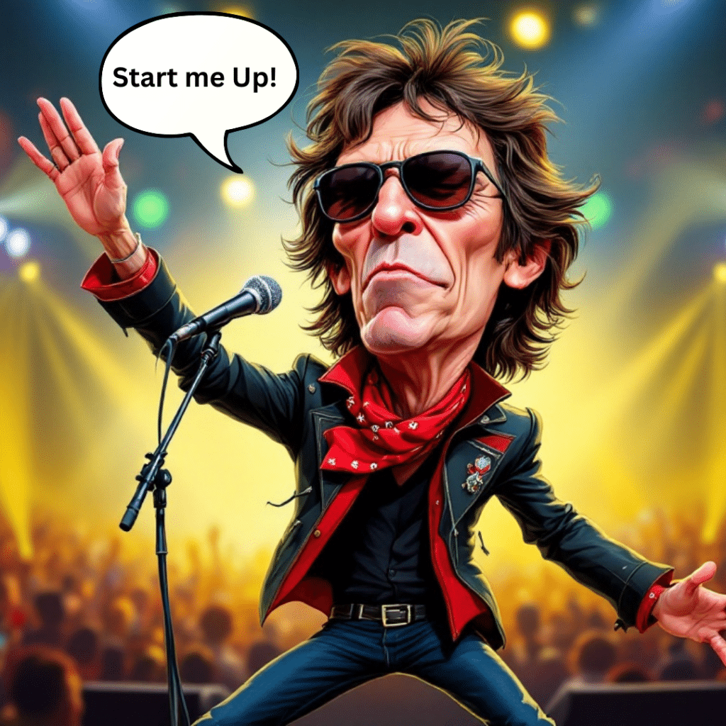 Caricature of a lead singer performing Start me Up energetically on stage with sunglasses, vibrant concert background, and audience cheering.