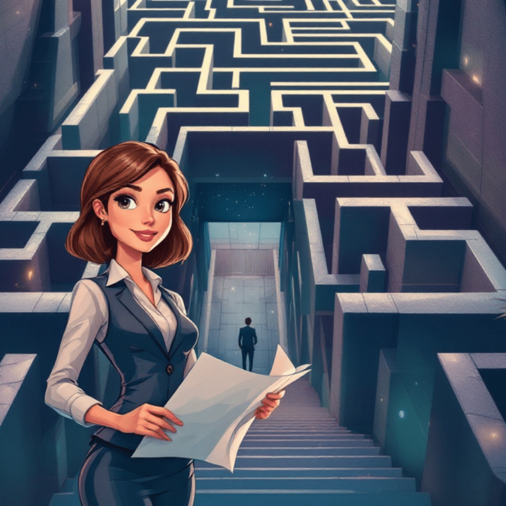 A businesswoman in professional attire holding a map, standing confidently at the entrance of an intricate maze, symbolizing business challenges.