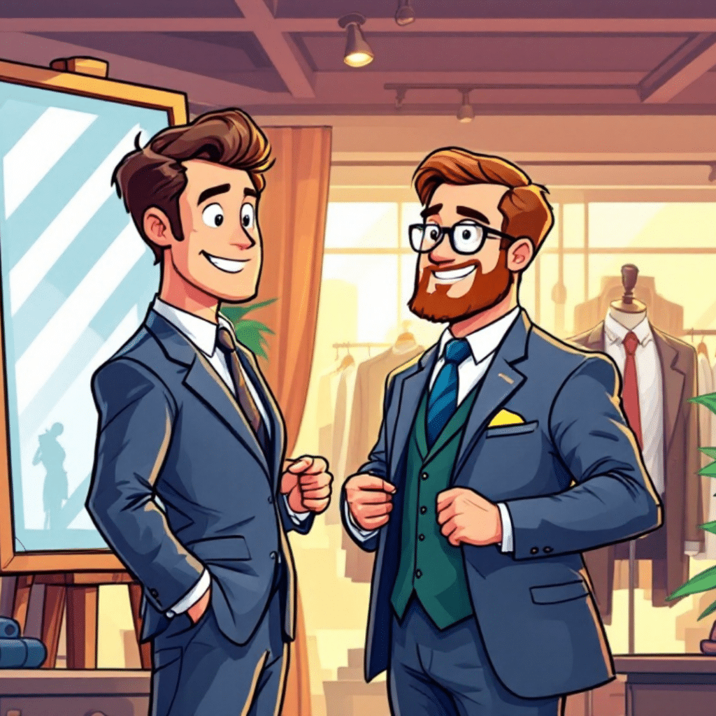 Cartoon of a businessman getting fitted for a suit by a tailor in an upscale menswear store, highlighting the importance of professional branding