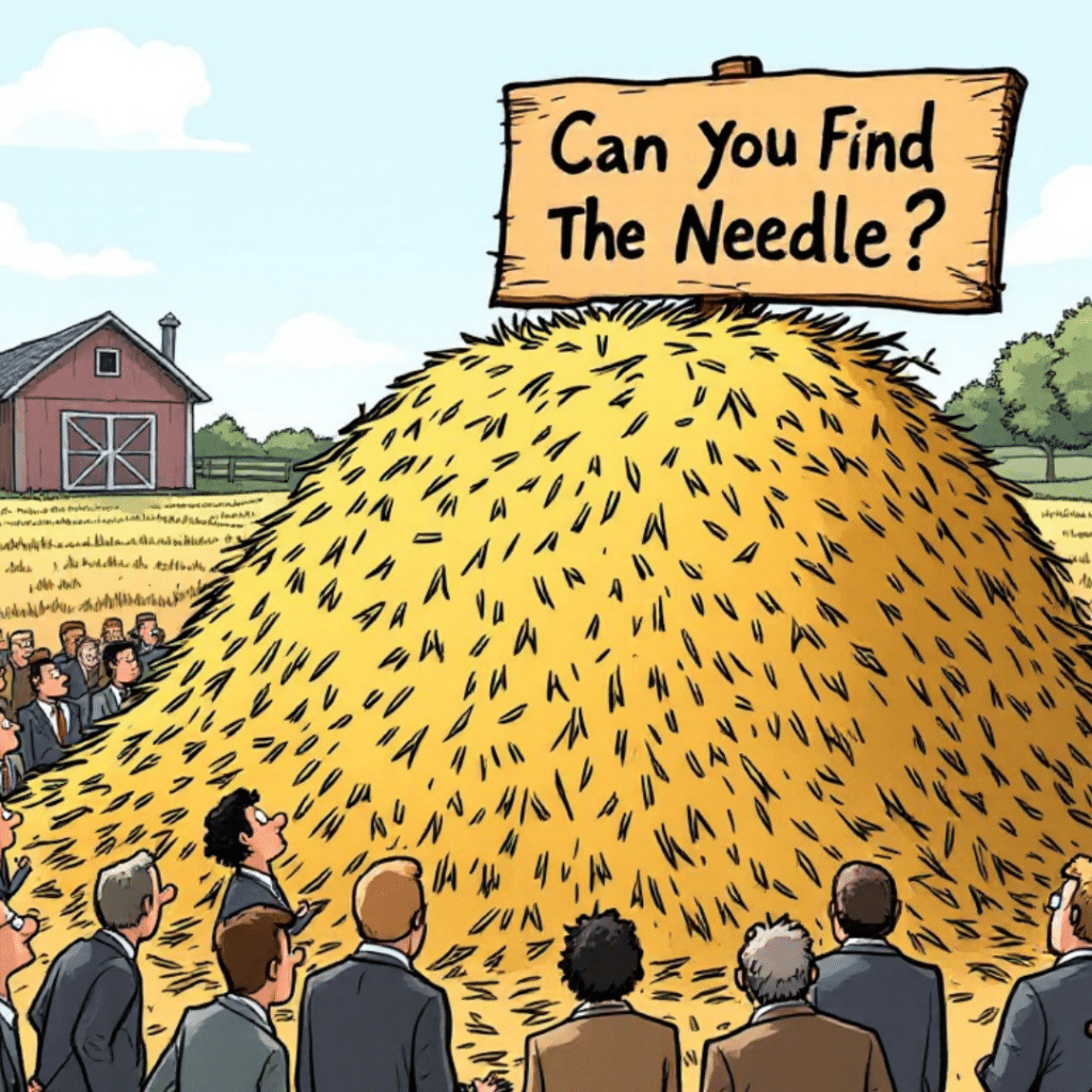 Cartoon of a large haystack with a sign reading 'Can You Find The Needle?' surrounded by curious businesspeople.