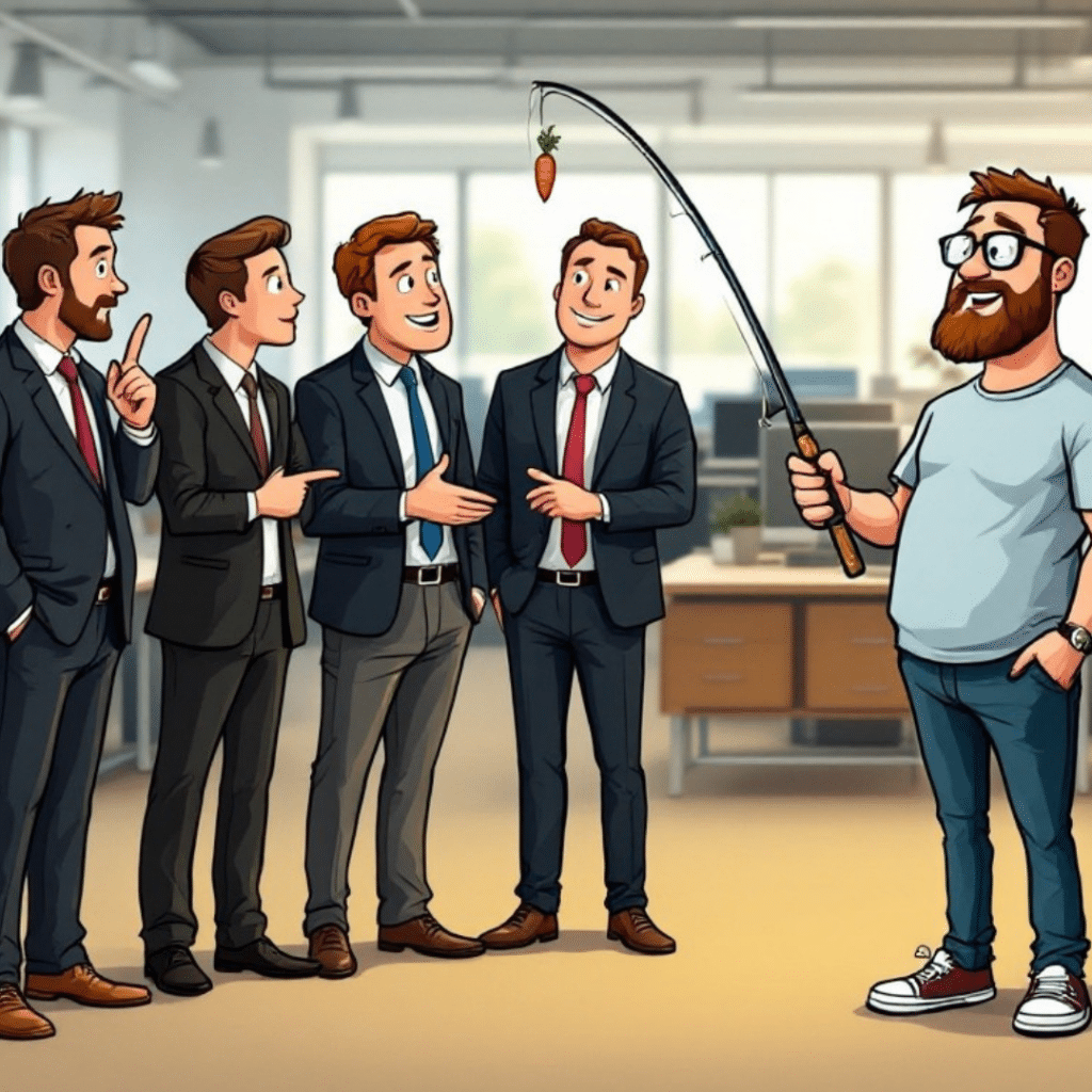 Cartoon of a casually dressed client holding a fishing rod with a carrot, facing a group of intrigued businesspeople in an office setting.