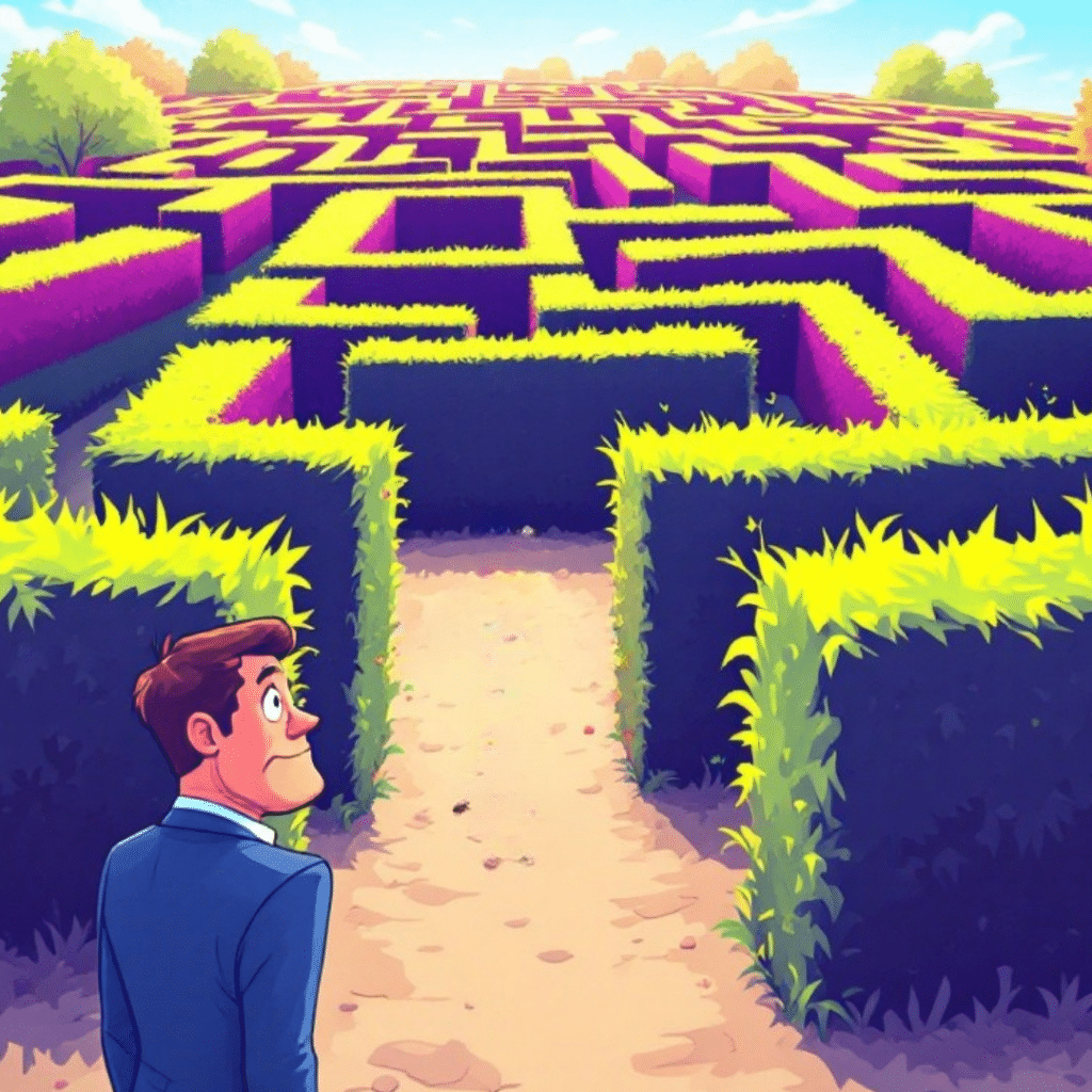 Cartoon illustration of a businessman standing at the entrance of a colorful hedge maze, looking towards the complex pathways.