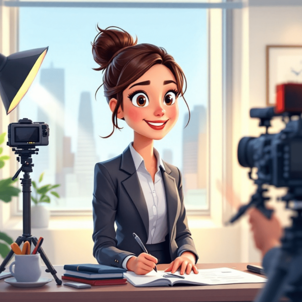 Cartoon of a businesswoman in a professional setting, smiling at the camera with filming equipment around her.