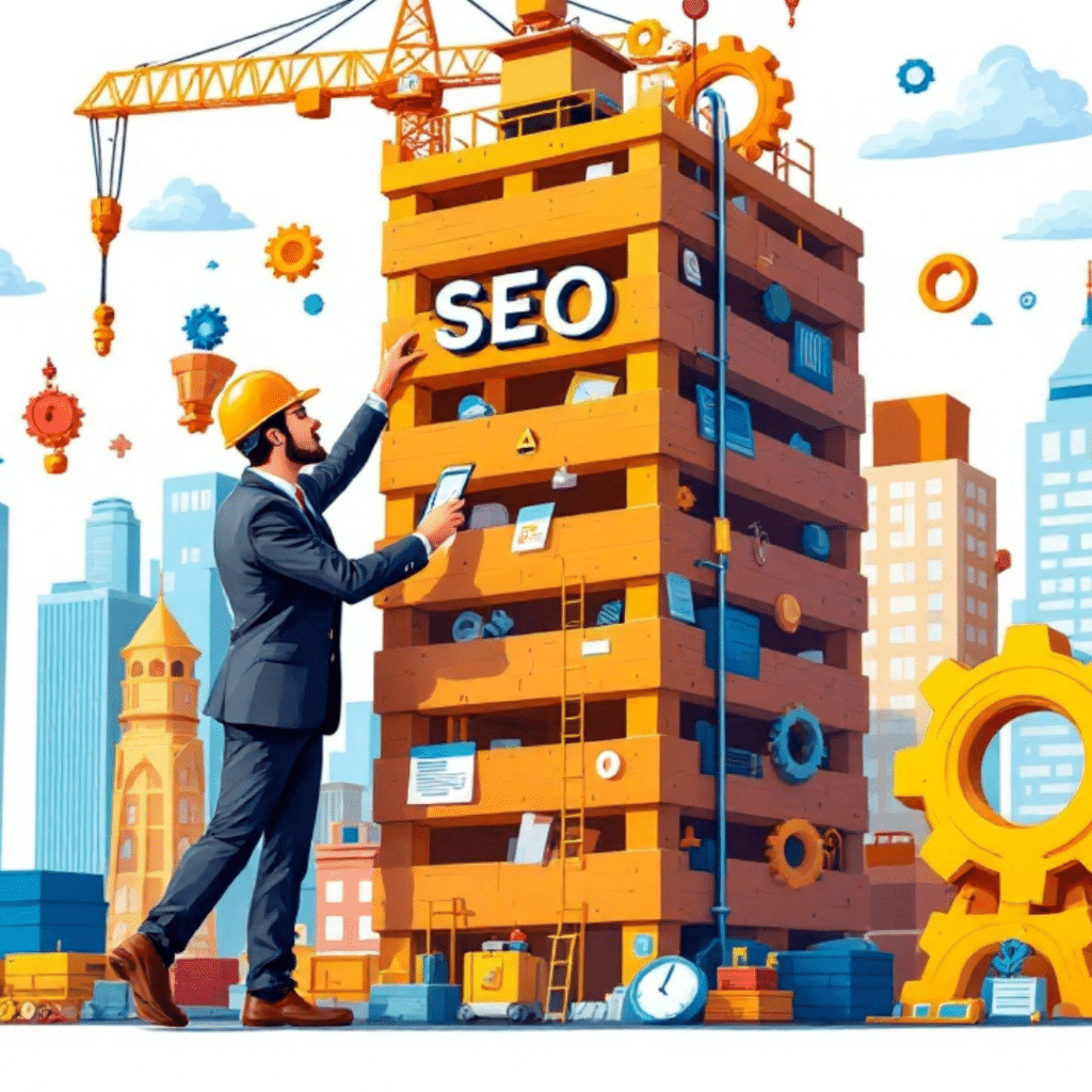 Cartoon of a businessman operating a crane to construct an SEO tower, symbolizing the process of building an effective SEO strategy. The scene is vibrant and dynamic with a white background.