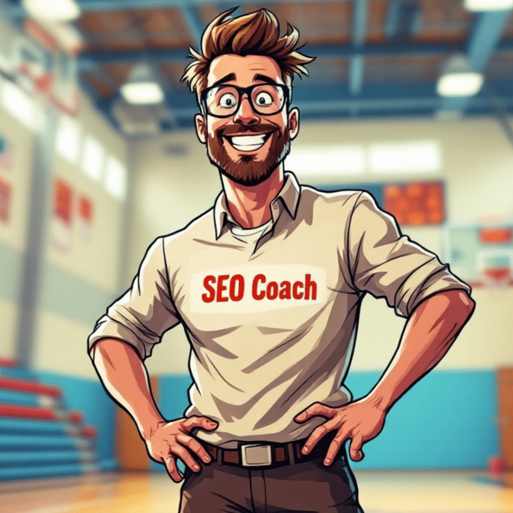 Cartoon of a high school coach in a gymnasium wearing a shirt that says 'SEO Coach', smiling energetically.