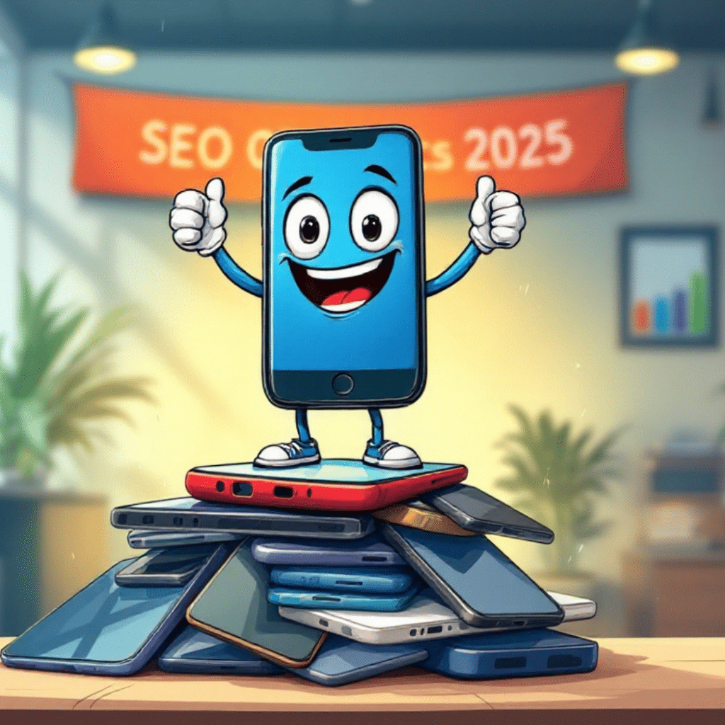 Cartoon of a happy smartphone character with legs and arms, standing on a pile of smartphones in an office setting with a banner reading 'SEO Olympics 2025