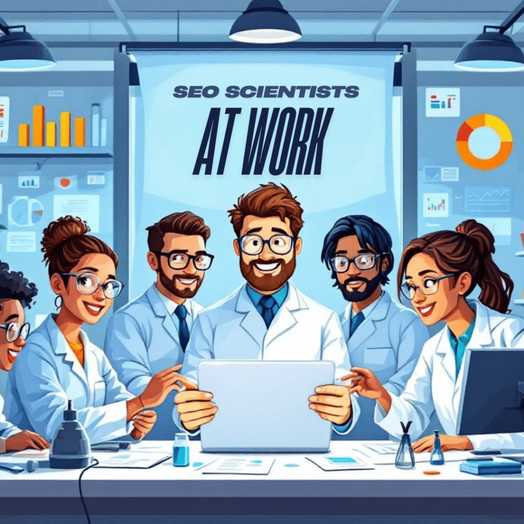 A diverse team of SEO specialists in a laboratory setting, working on computers and analyzing data, with a banner reading 'SEO Scientists at Work'.