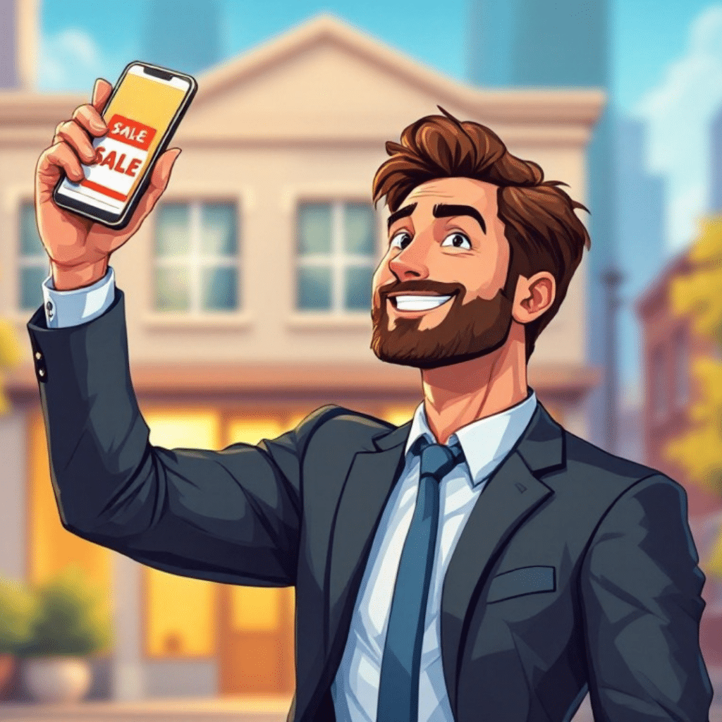 Cartoon of a businessman holding a smartphone triumphantly in front of an office building, celebrating a mobile-friendly sale."