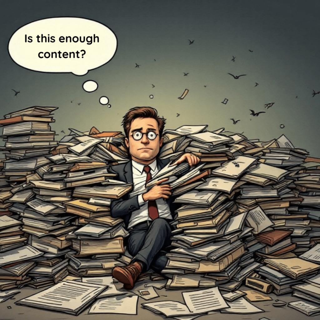 Cartoon of a businessman buried in stacks of paperwork and books with a thought bubble saying 'Is this enough content?