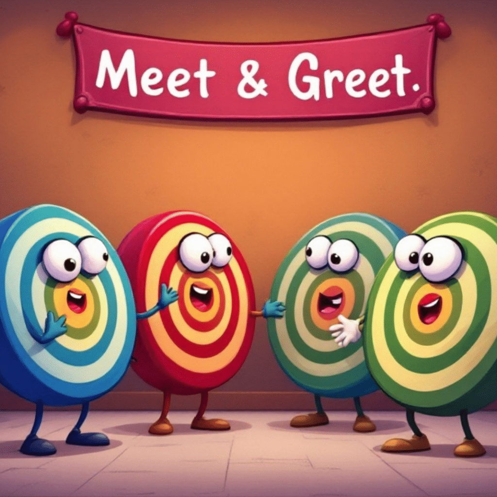 Colorful cartoon of dartboard target characters with smiles, eyes, arms, and legs mingling under a 'Meet & Greet' banner.