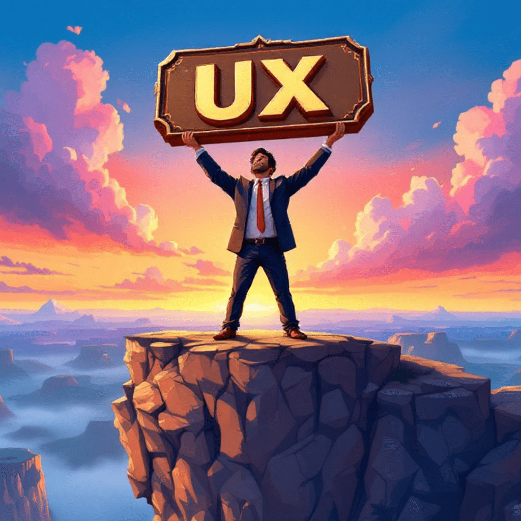 Cartoon of a businessman standing on a cliff, holding up a 'UX' statue, inspired by the Lion King scene, with a dramatic sunset background.