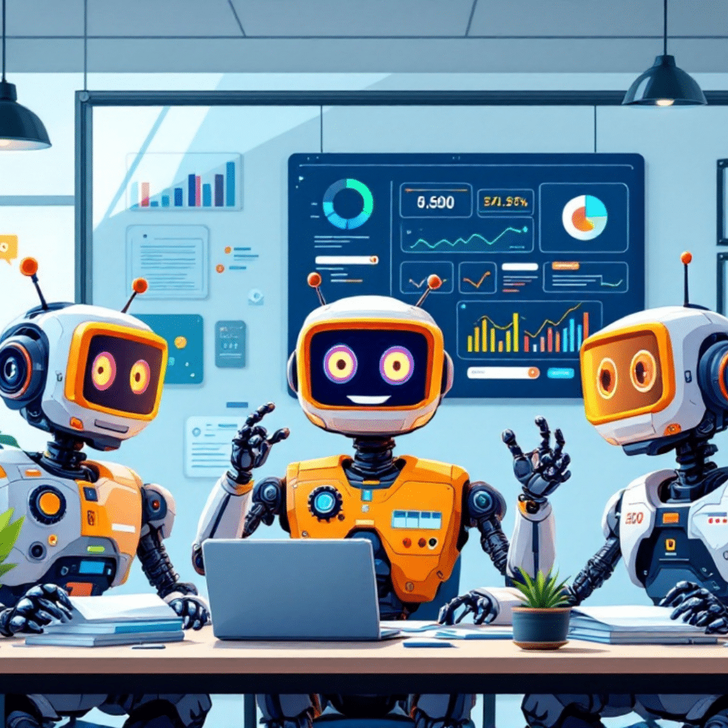 A fun and cartoonish-style image of three robot professionals collaborating on SEO in a modern office setting, surrounded by charts, graphs, and SEO-related tools, showcasing teamwork and innovation.