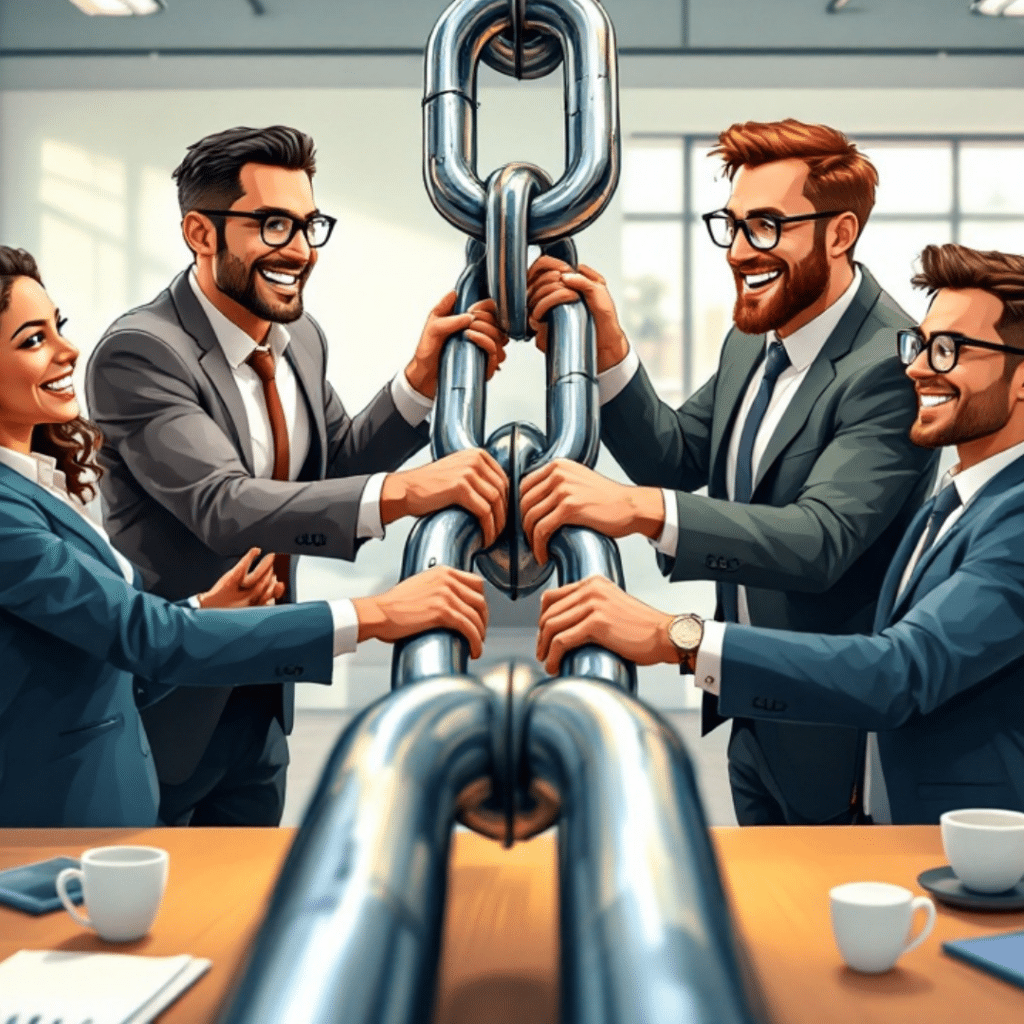 A professional cartoon-style image of a diverse group of businesspeople working together in an office to build a large chain, symbolizing teamwork and collaboration in creating high-quality backlinks for SEO.