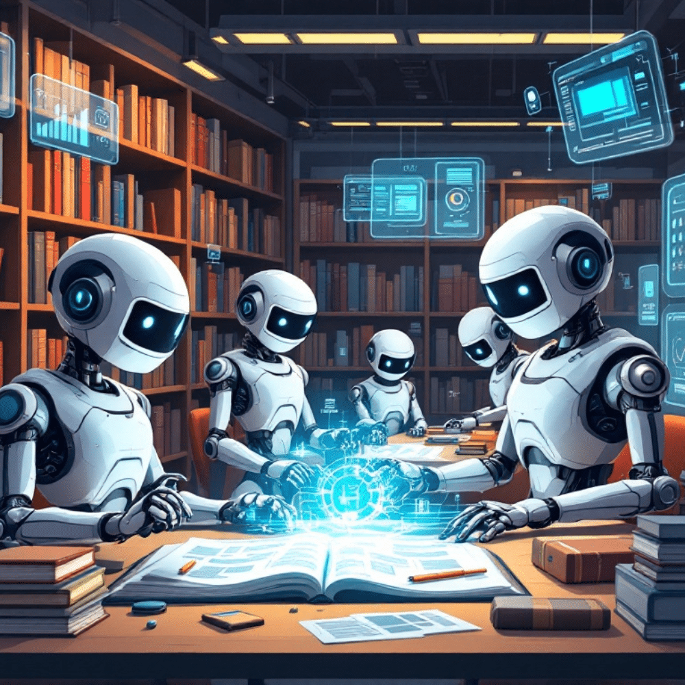 A vibrant cartoon-style image of robot librarians in a futuristic library. The robots are organizing books and digital content, with glowing holographic screens displaying data and charts. The scene highlights teamwork and efficiency in managing information."