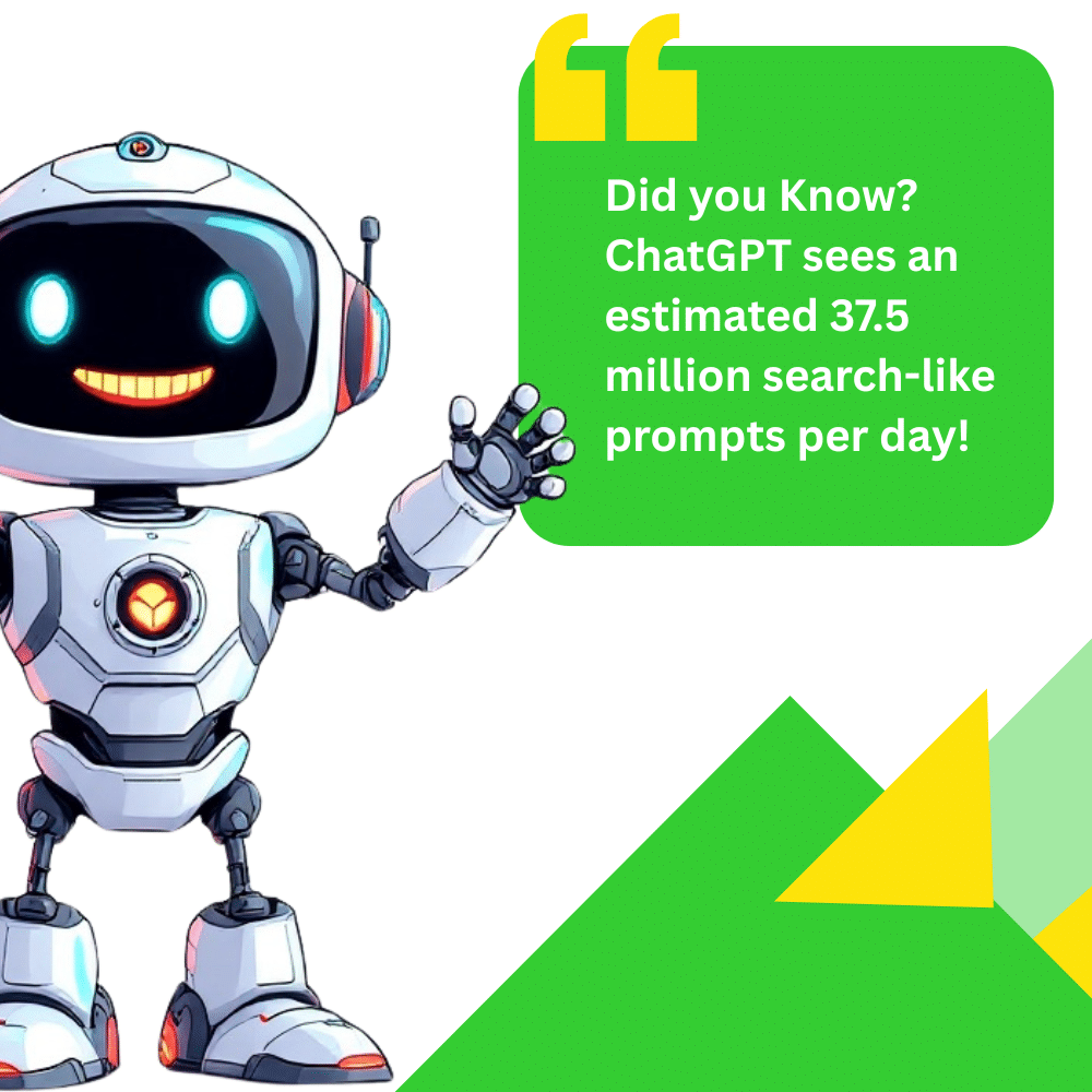 A professional cartoon-style image of a happy robot with a glowing smile and bright eyes, standing on a white background. The robot is waving cheerfully, with a green speech bubble that reads, 'Did you know? ChatGPT sees an estimated 37.5 million search-like prompts per day!' The design is clean, vibrant, and engaging, with geometric accents in green and yellow to add a modern touch.