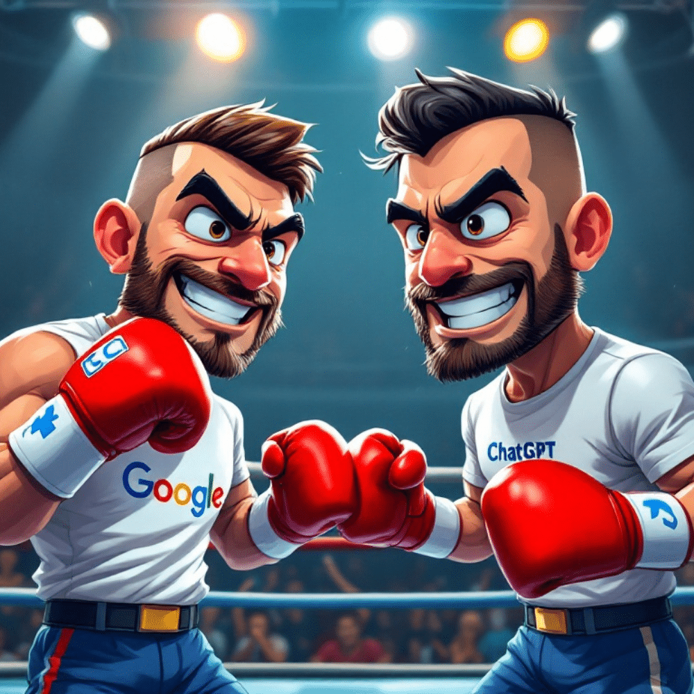 A cartoon-style illustration of two boxers in a competitive stance inside a boxing ring. One boxer wears a shirt labeled 'Google,' while the other wears a shirt labeled 'ChatGPT.' The scene is dynamic, with vibrant colors, a cheering crowd in the background, and expressions of determination on the boxers' faces.