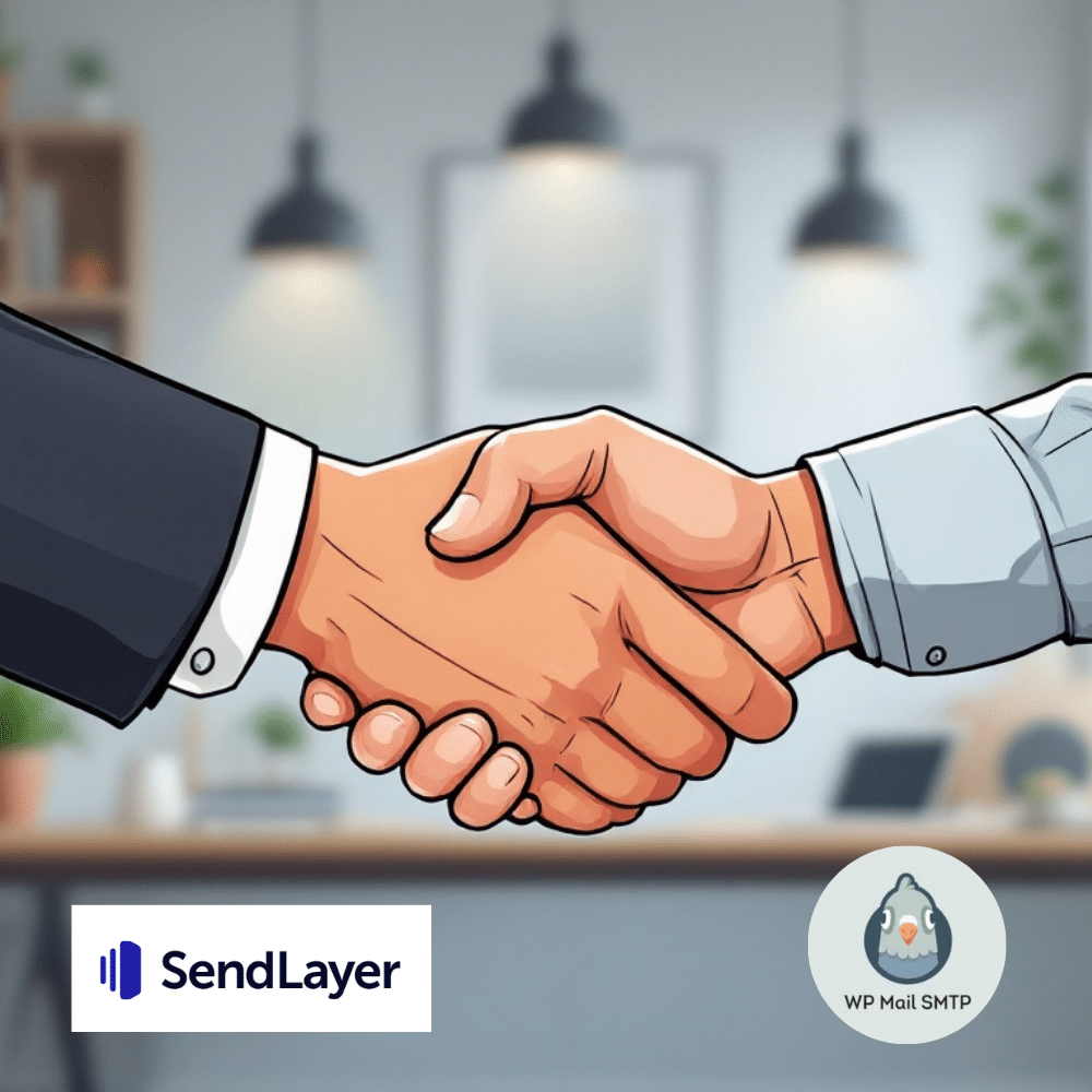 A professional cartoon-style image of two hands shaking in a handshake, symbolizing agreement and collaboration. The background features a modern office setting with soft lighting, emphasizing professionalism and trust. Logos of SendLayer and WP SMTP Email are included, representing email deliverability solutions.