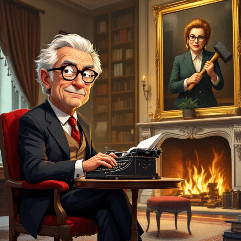 A professional cartoon-style image of a distinguished author typing on an old-fashioned typewriter by a large fireplace, surrounded by bookshelves and warm lighting, with a painting of a woman holding a sledgehammer hanging in the background.