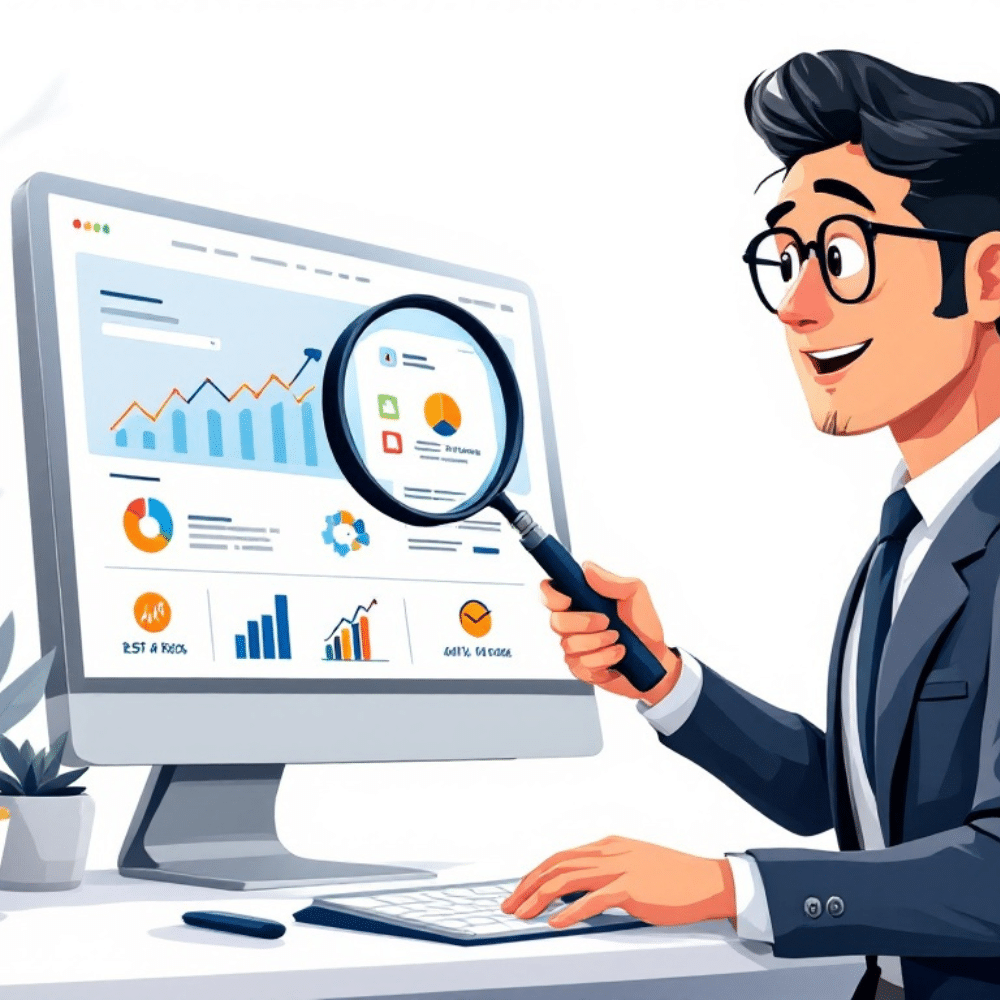 A professional cartoon-style image of a businessman in a suit, closely reviewing a landing page displayed on a large computer screen with a magnifying glass. The screen shows graphs, charts, and analytics, emphasizing attention to detail and optimization. The background is clean and white, symbolizing professionalism.