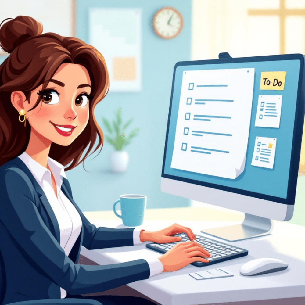 A professional cartoon-style image of a businesswoman sitting at her computer, working on a to-do list. The computer screen displays a checklist, and the office setting includes a coffee mug, clock, and a bright, organized background. The businesswoman has a confident and focused expression.