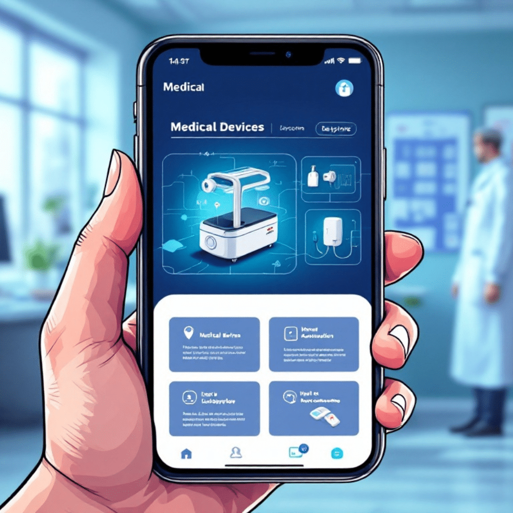 Professional cartoon-style image of a mobile phone displaying a responsive medical device website. The screen shows clear navigation, product visuals, and a modern design. The background includes a medical office setting with a blurred doctor in the distance.