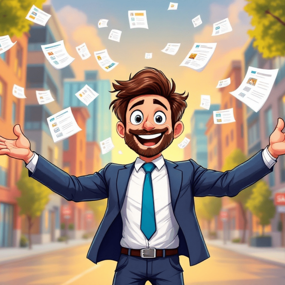 A vibrant cartoon-style image of a happy realtor standing in a lively city street, arms wide open, being showered with property listings in the form of papers. The realtor is dressed professionally, smiling brightly, with a dynamic urban background featuring buildings and trees.